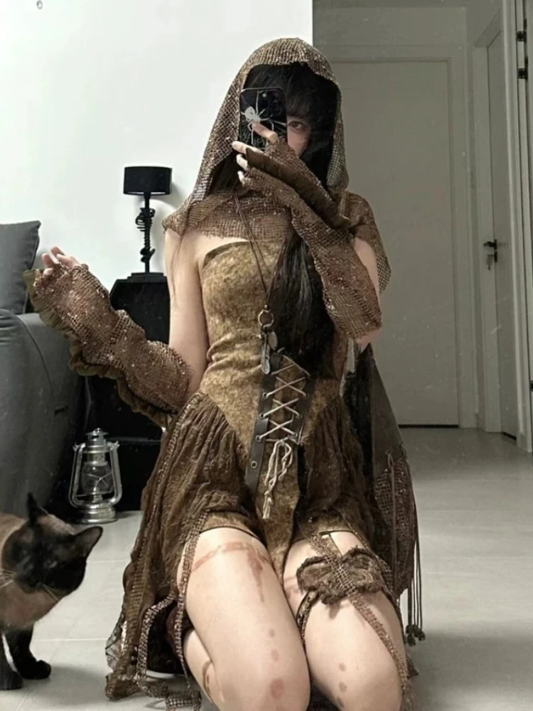 

Gothic Brown Vintage 3 Piece Set Women Sexy Lace Y2k Beach Party Mini Skirt Suit Fashion Retro Design Outfits Spring New 2025