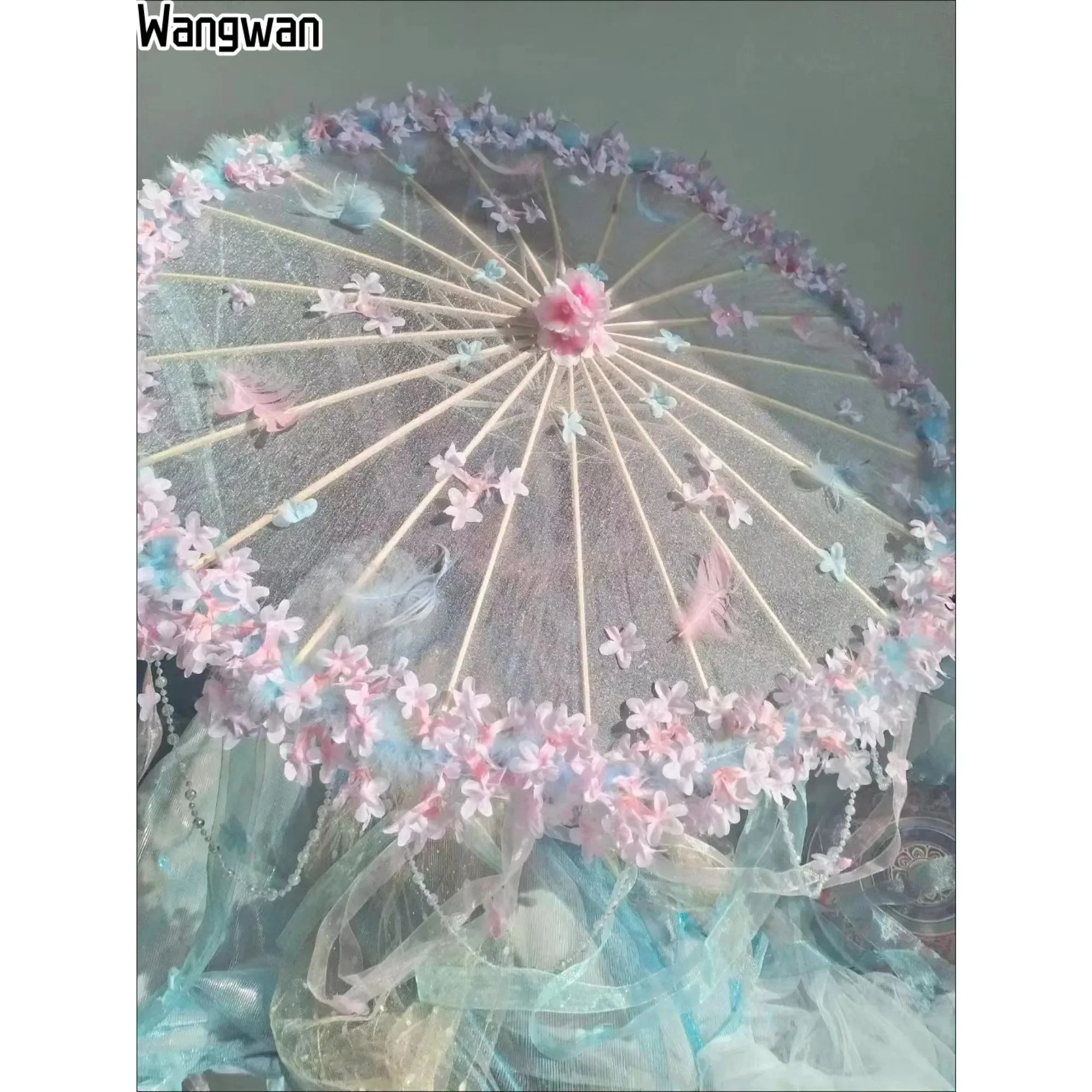 Beautiful Style Craft  Flower Paraguas Hanfu Accessories  Immortal Ribbon Yarn Bead Chain Long Handle Umbrella Photography Clear