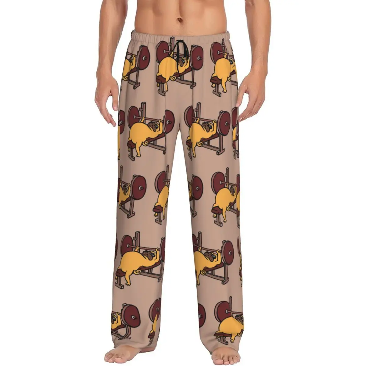 Custom Pug Bench Press Pajama Pants Men Sleepwear Sleep Lounge Bottoms with Pockets