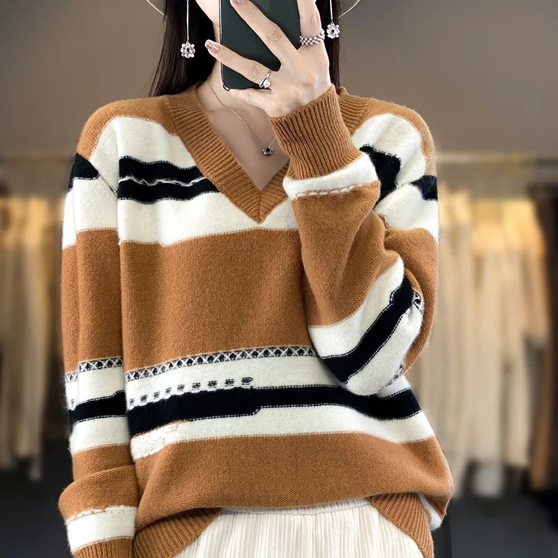 

100% Wool Cashmere Sweater Women's V-neck Contrast Color Pullover Autumn and Winter New Loose Fashion Soft Women's Top Jacket