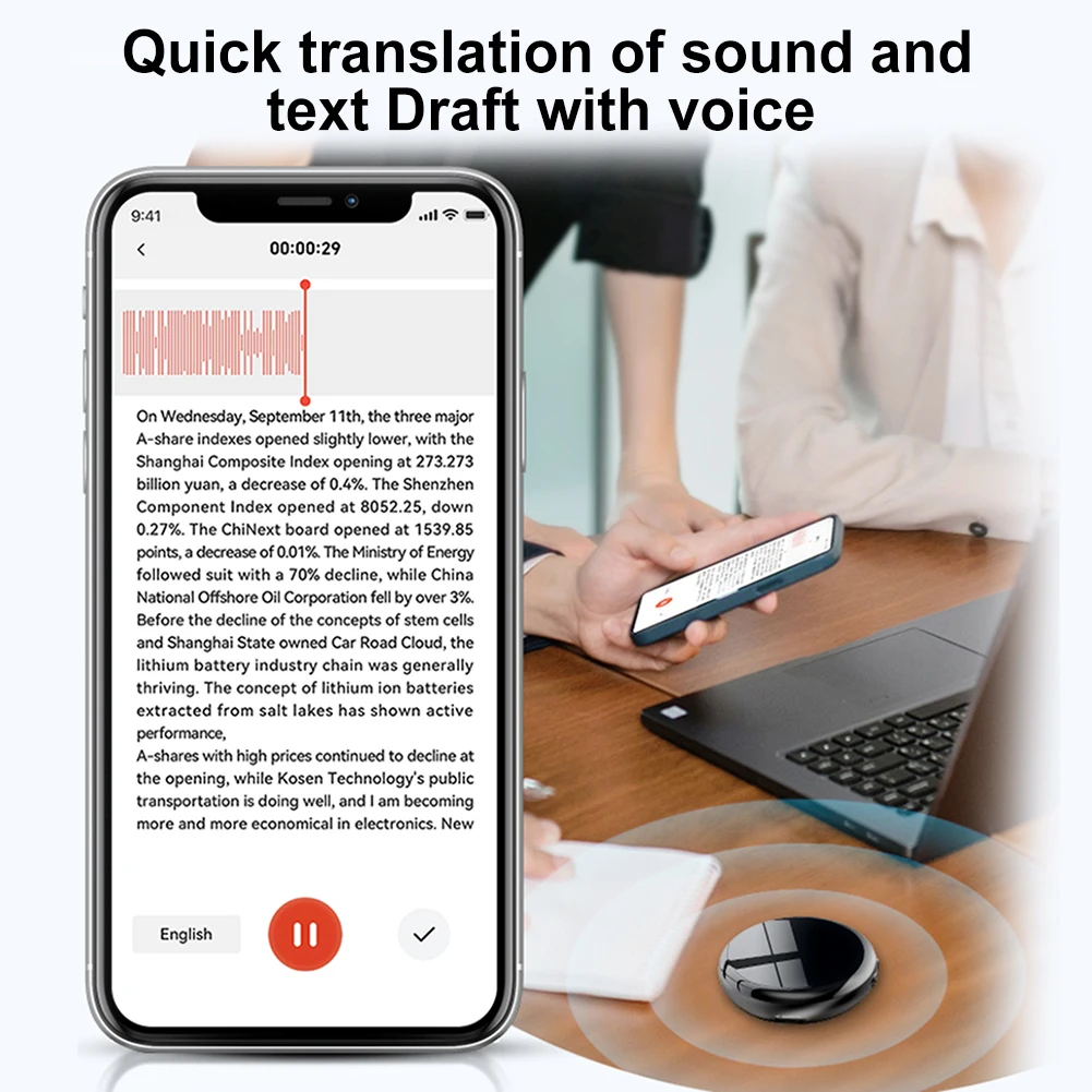 مسجل صوت AI مع النسخ والترجمة في الوقت الحقيقي مسجل صوت رقمي الإملاء لمقابلات اجتماعات المحاضرات