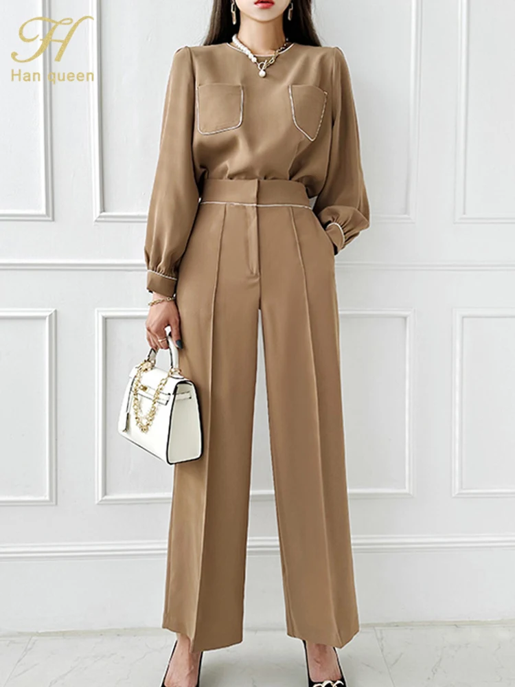 H Han Queen Autumn Color Blocking Occupation 2-Piece Suits Women Elegant Fashion Pocket Top & Simple Pants Korean OL Casual Set