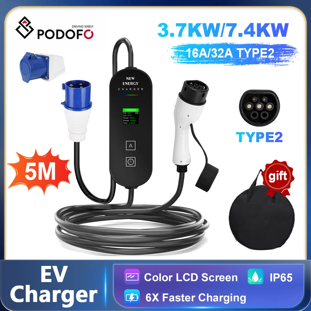 Podofo EV charger Type 2 Portable EV Charger Adjustable Electric Car Charger with Screen,8/10/13/16A IP66 Electric Car Charging