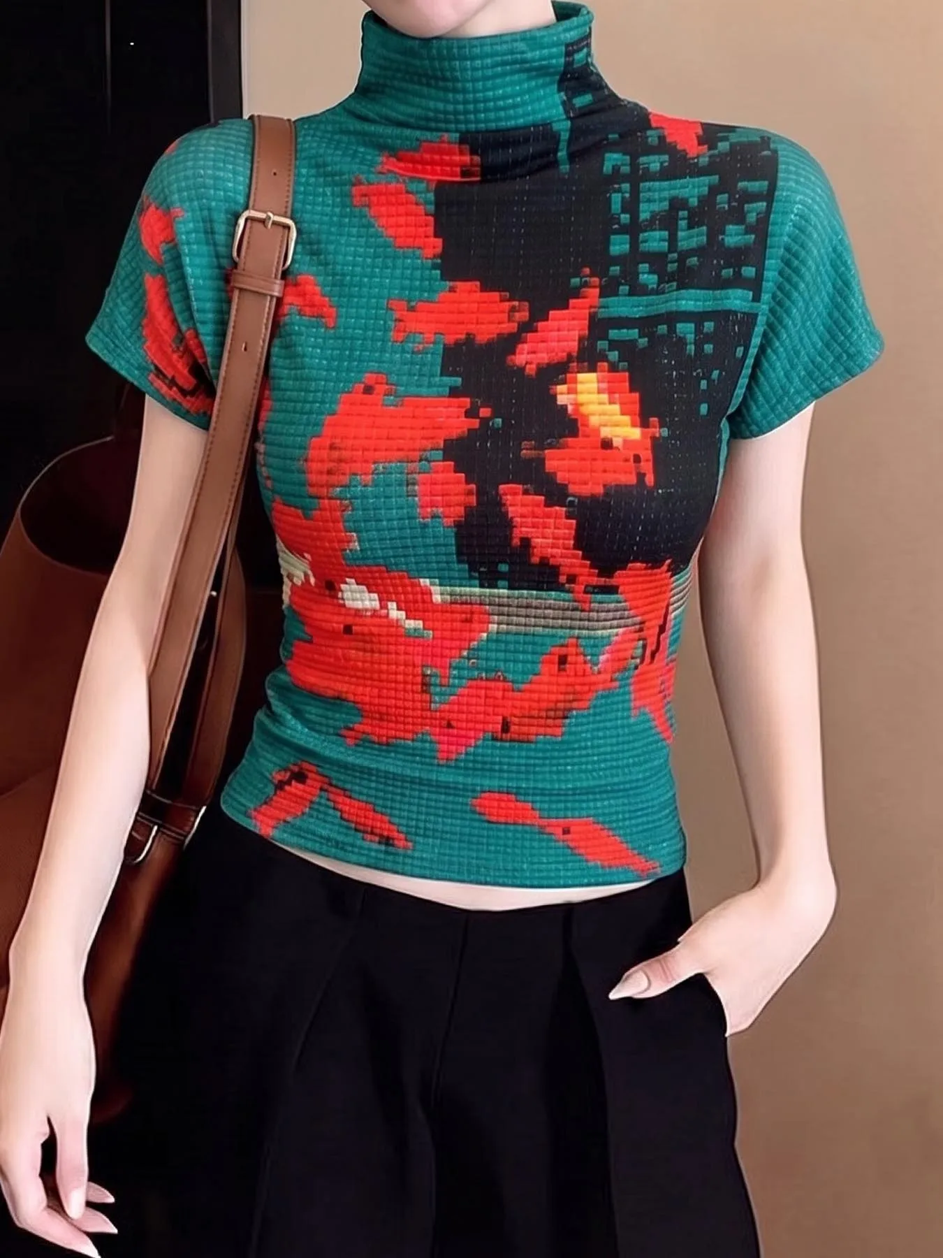 Orientalischer Koi-Druck 2026 Neues Vintage INS Hochgeschlossenes T-Shirt für Damen Waffelstoff Kurzarm Sommer Streetwear Tee