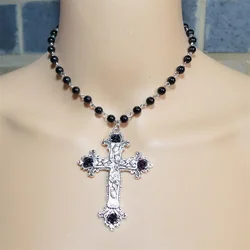 2022 Large Detailed Cross Drill Pendant Jewel Necklace Black Rosary Gothic Punk Jewellery Fashion Charm Statement Women Gift