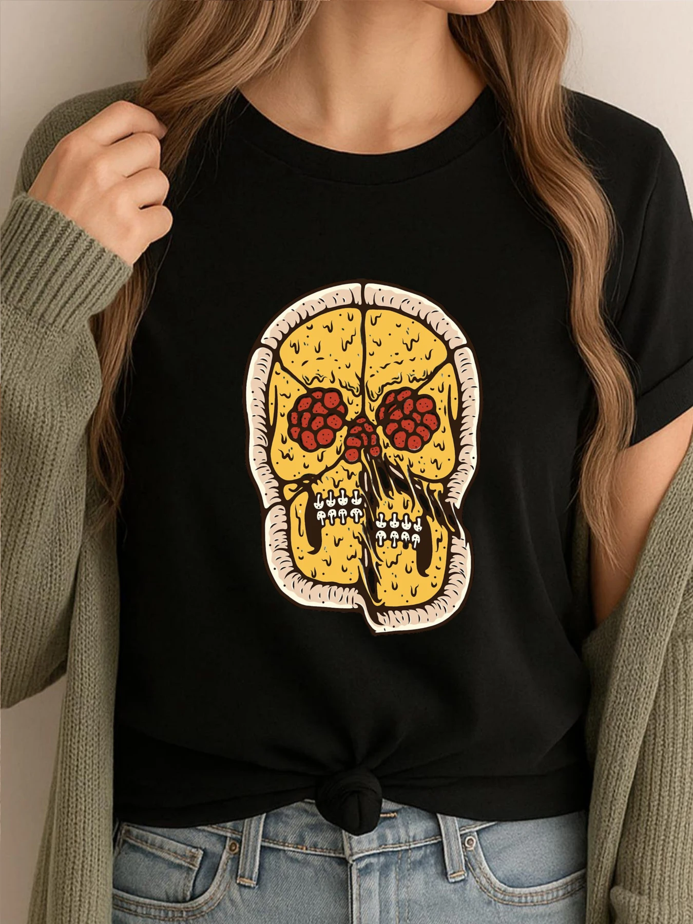 Camisetas con estampado de calavera de Pizza para mujer, camisetas Vintage, divertidas y locas, ropa con estampado creativo