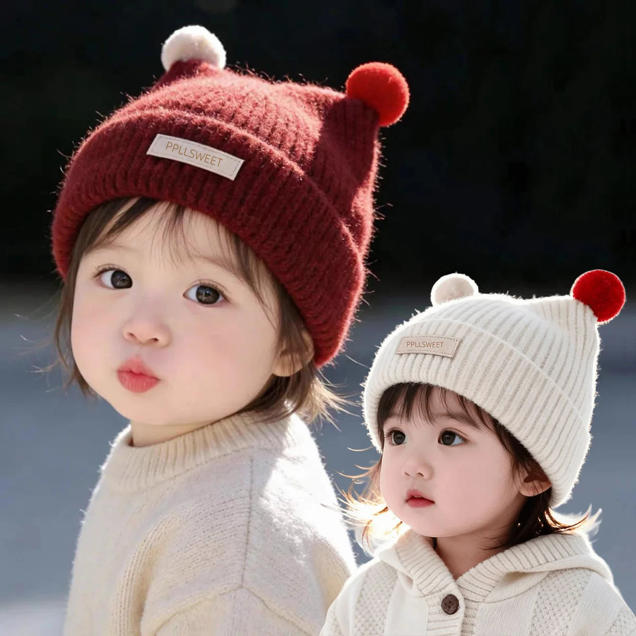 1-4Year Baby Knitted Hat Cute Double Plush Ball Pullover Cap Anti-Cold Warm Kids Ear Protection Wool Hats Winter Children Beanie view 4