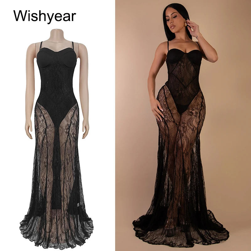 Wishyear Damen Sexy Black Mesh Lace Floral Bodysuit Spaghettiträger Meerjungfrau Kleid für Nachtclub Geburtstag Party Abendrobe