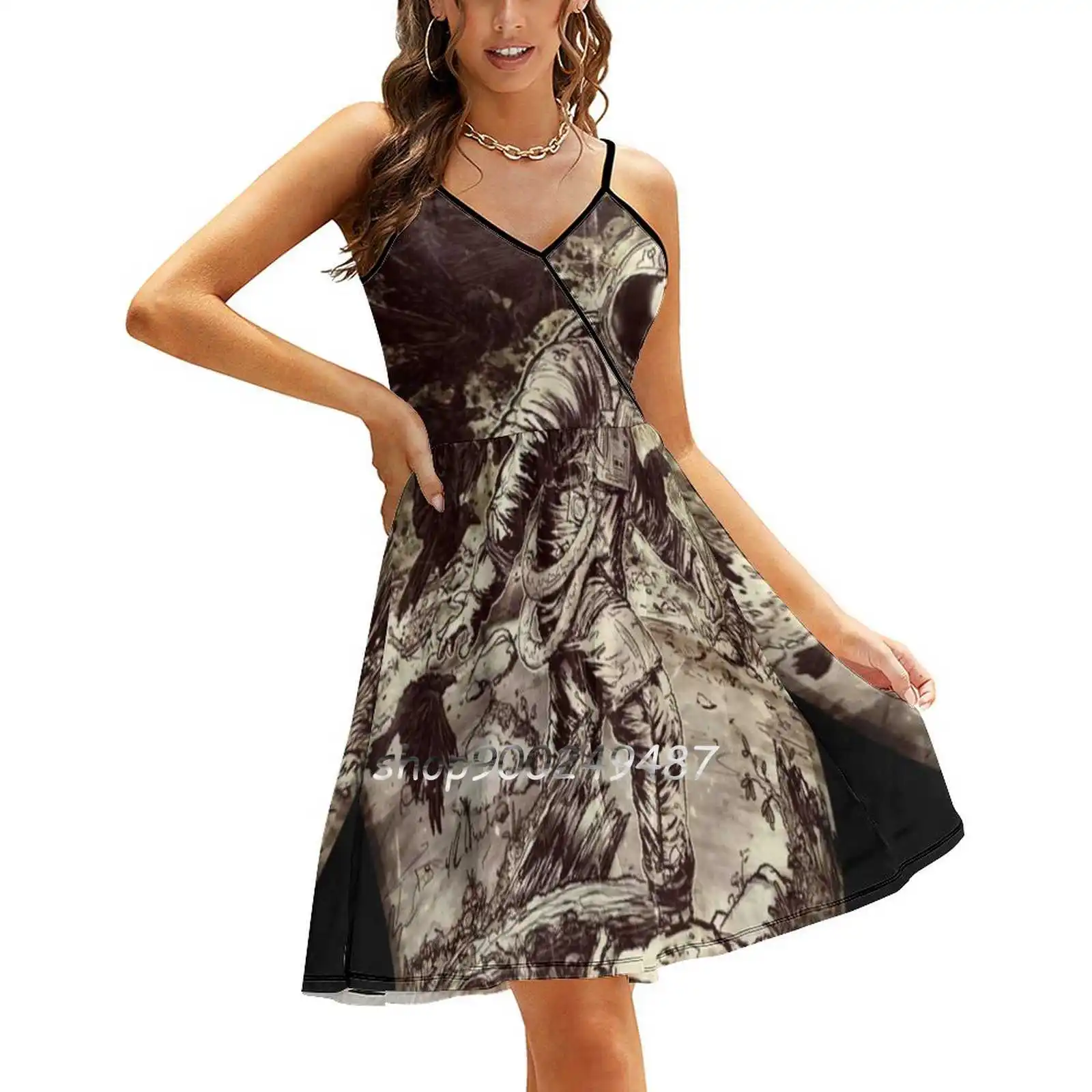 Spaceman Sling Dress Women Summer Printing Condole Belt Dresses X Files Files Astronaut Spaceman Space Bigfoot Sasquatch