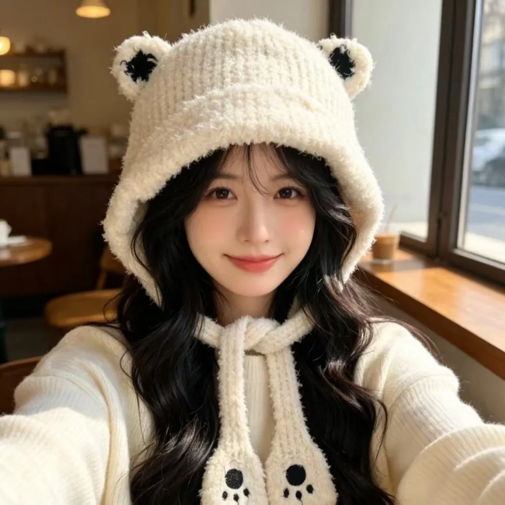 Stylish Polyester Trapper Hat Korean Style Paw Print Pattern Thick Bear Ear Hat 54cm To 62cm Ear Protection Ear Flap Hat Girls