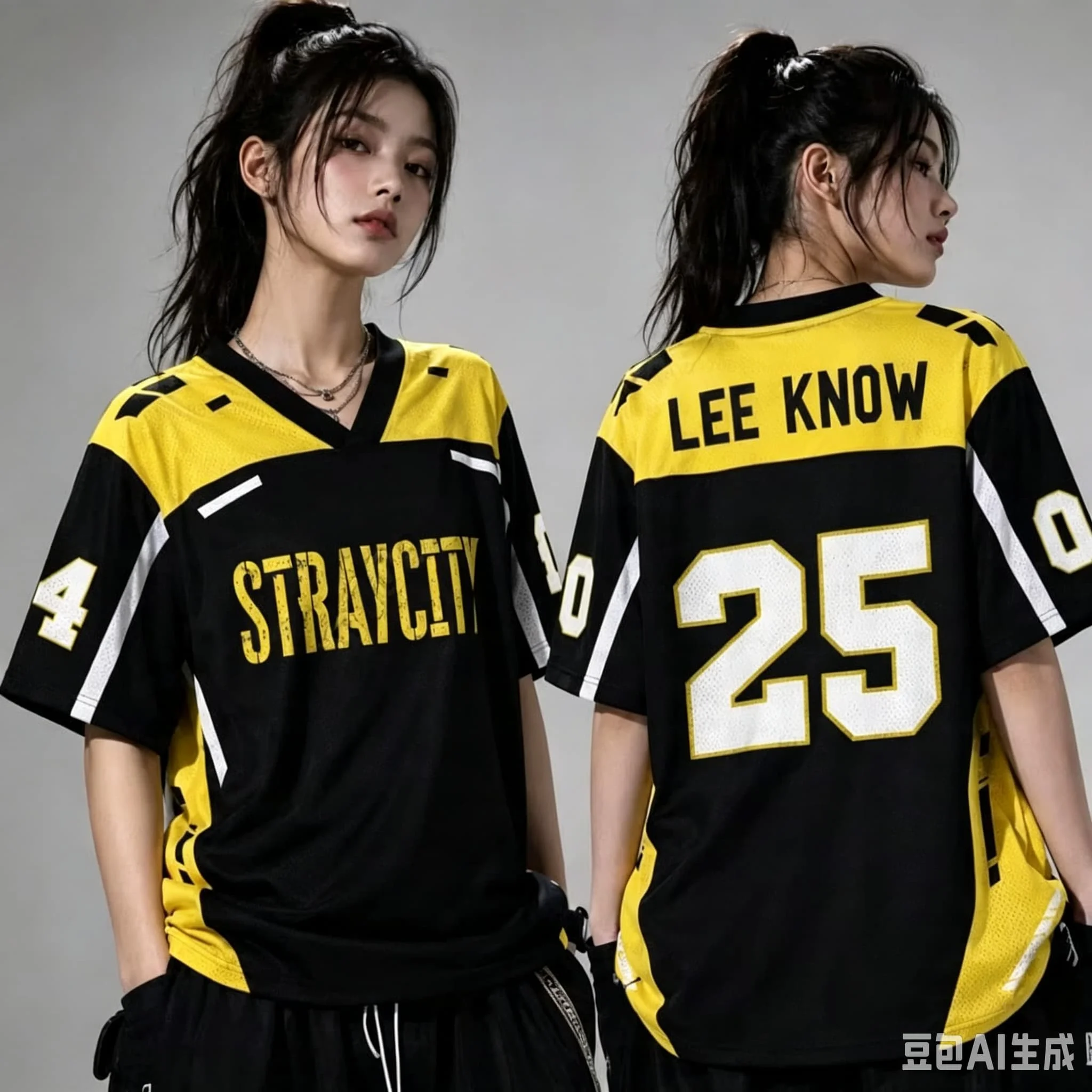 Stray City Felix 01 V-neck Sports Shirt Black Yellow Short Sleeved T-shirt Unisex Kpop Fan Concert Quick Drying Casual Top