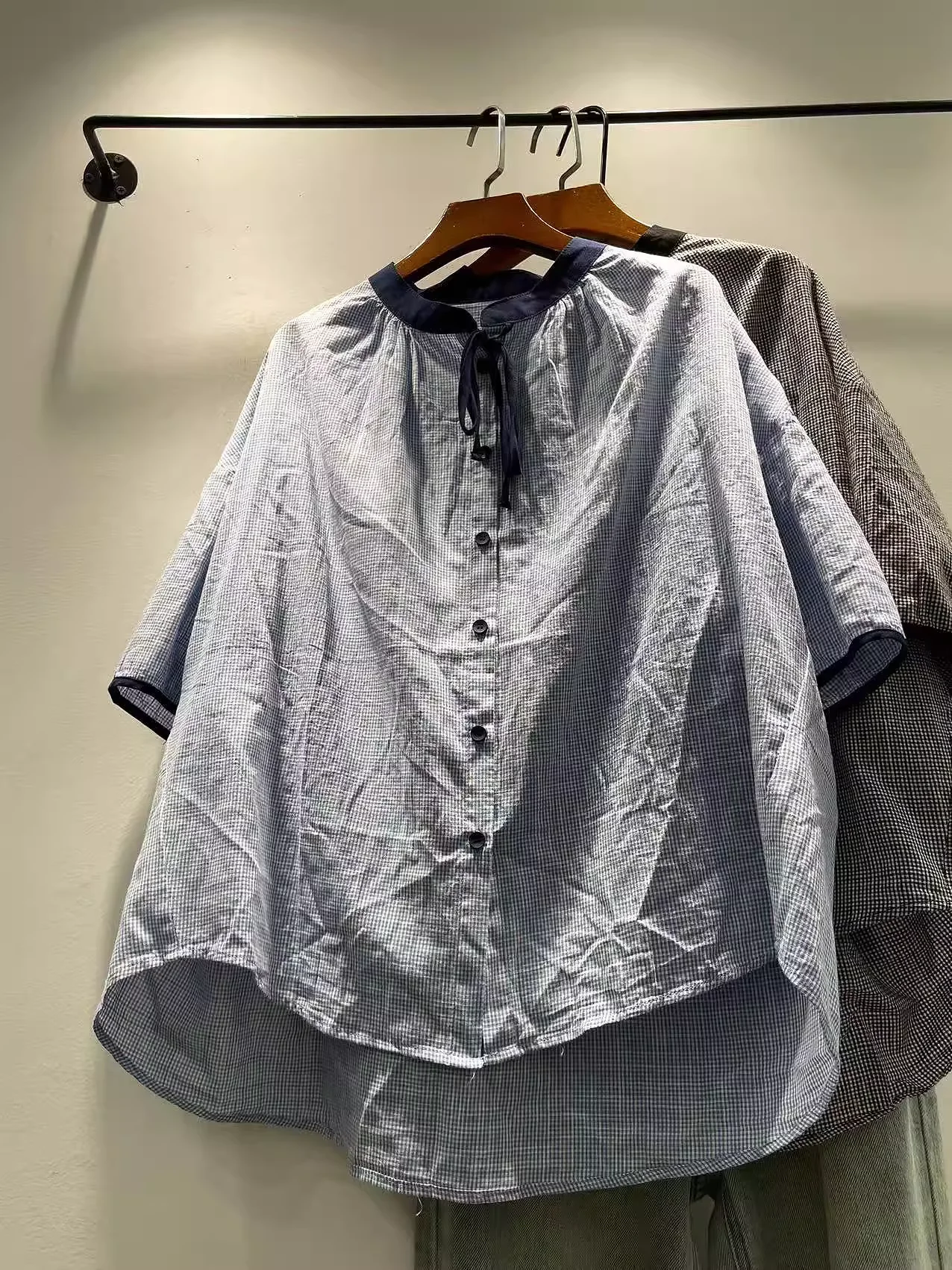 

2025 Middle aged women clothing large size tops for women summer Japan fashion cotton check shirts short sleeve blouses