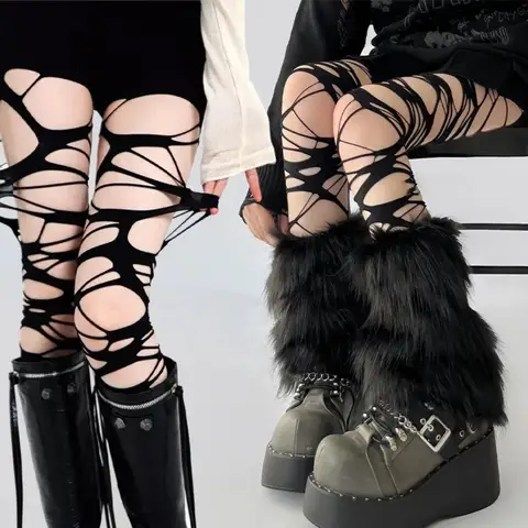 Collants tendance punk avec trous et bretelles déchirées, collants sexy Lolita gothique à motif toile d'araignée, collants en maille noire douce pour femmes, collants Y2k, bas hauts