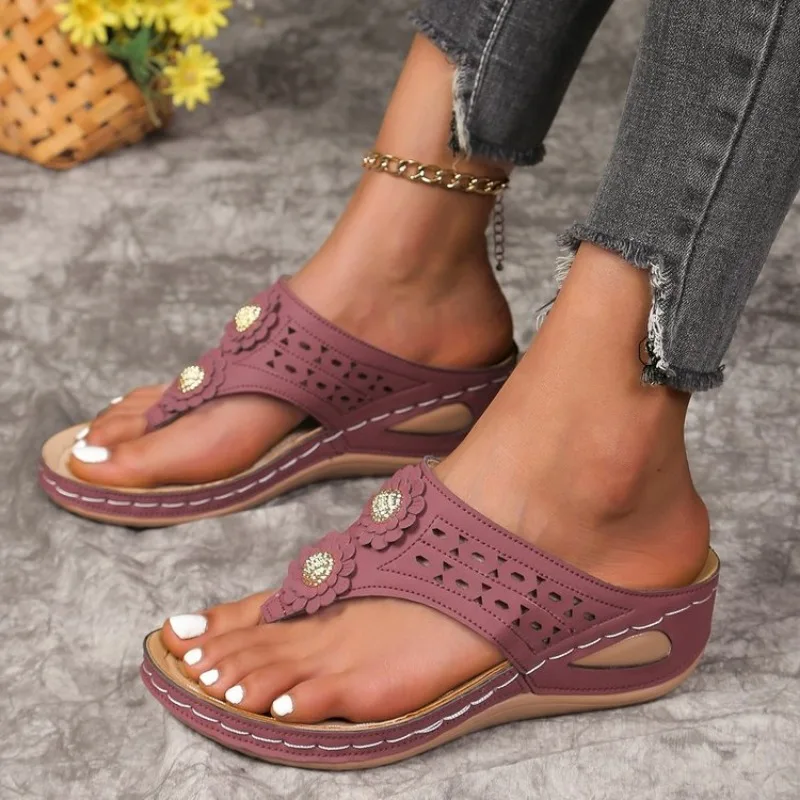 Clip Toe Wedge Heel Sandals for Women Summer Pu Leather Platform Platform Flip Flops Ladies Lightweight Diabetic Walking Sandals