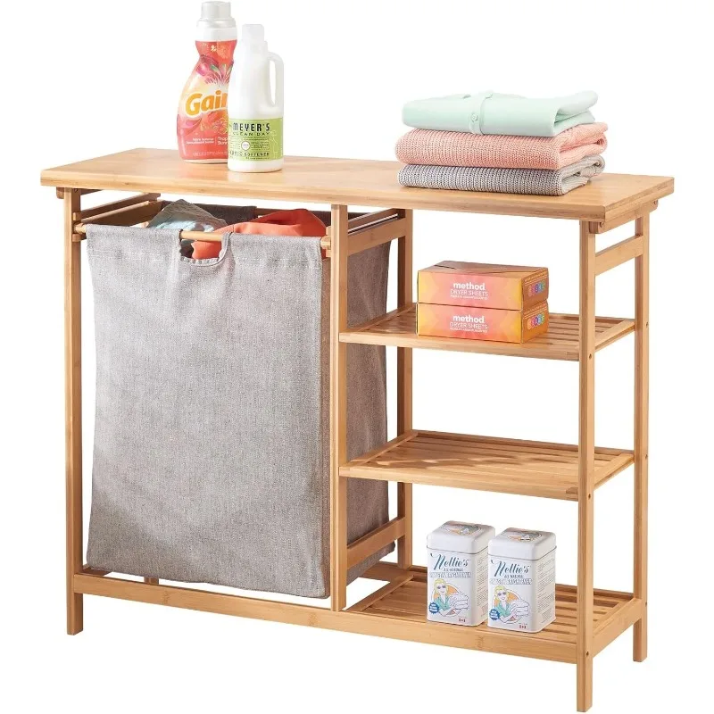 

Bamboo Freestanding Laundry Hamper Basket Table - Storage Shelves for Folding Clothes and Organizing Detergent, Fabric Softener