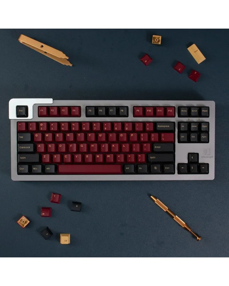 

burgundy red gold and black color block pbt dye sub keycaps full set oem profile for mechanical keyboards