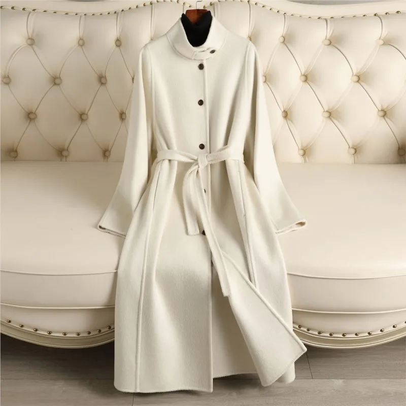 

Double-sided fleece coat for women long stand-up collar new style stylish waist-cinching and knee-length woolen