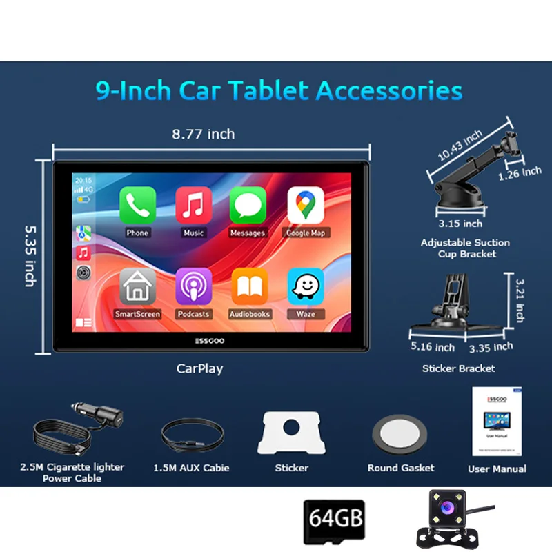 ESSGOO 9"4K Draagbare Carplay IPS Touchscreen Universele Autostereo Radio Trucks Android Auto Mirror Link AUX FM USB Bluetooth TF
