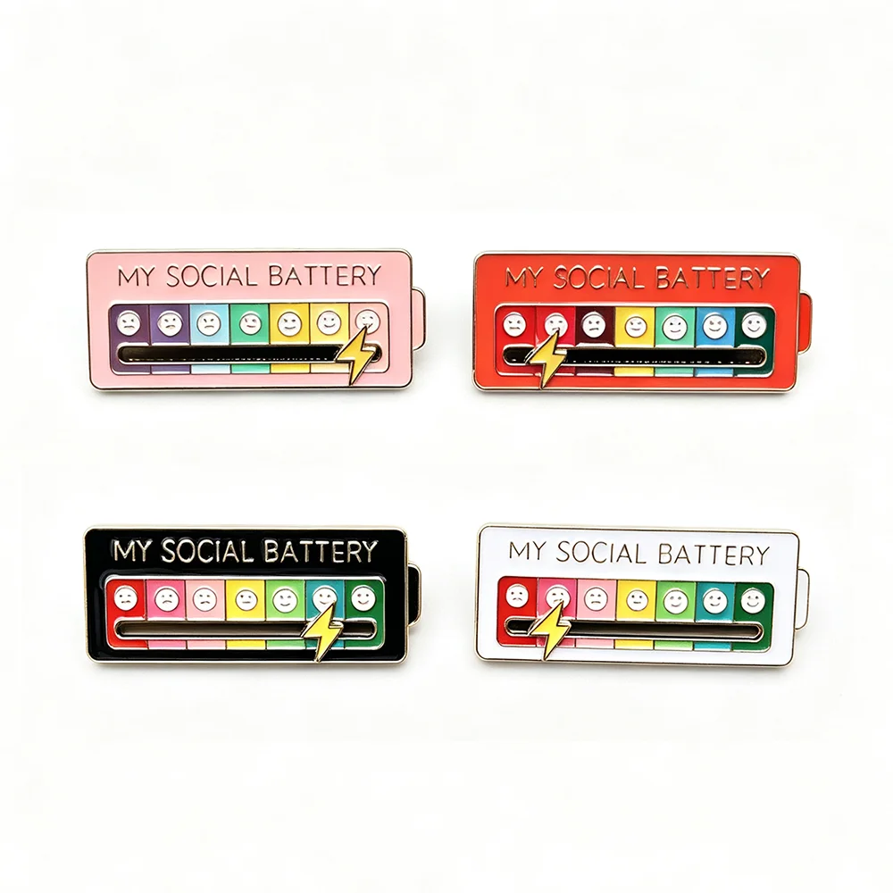 4pcs My Social Battery Brooch For Women Men Creative Slideable Mood Pins Enamel Badge Funny Creative Gifts for Backpack