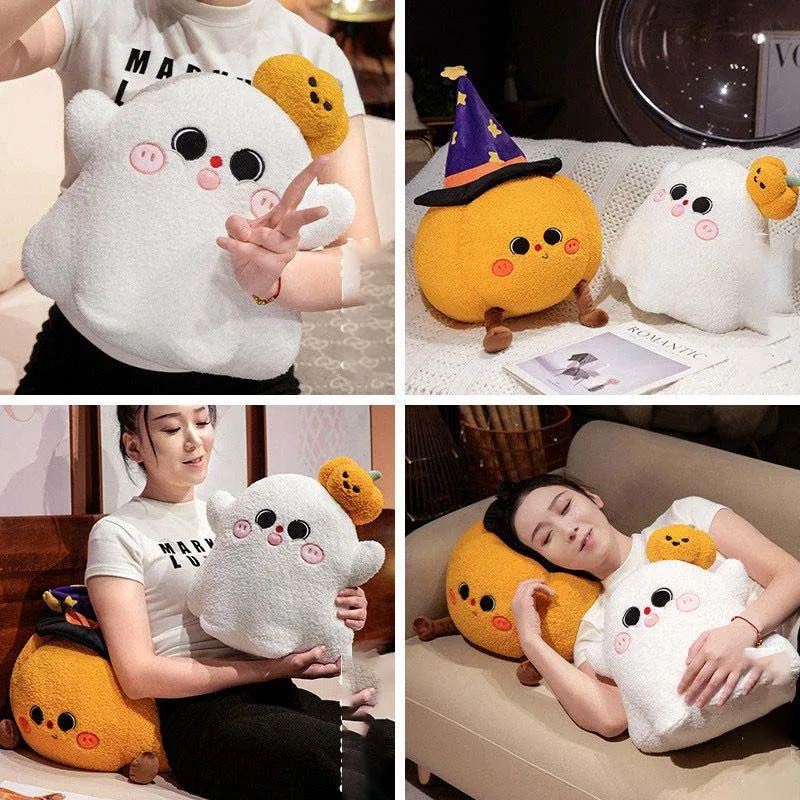 Halloween Theme Plush Pillow Cute White Ghost and Wizard Pumpkin Stuffed Cushion Soft Fluffy Doll Creative Holiday Surprise Gift
