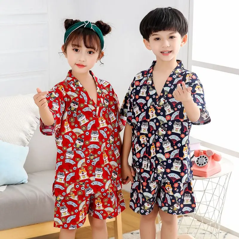 Children's Cotton Baby Bathing Suit Boys And Girls Japanese Kimono Pajamas Kids Simple Printing Short Sleeve Sleepwear LC975