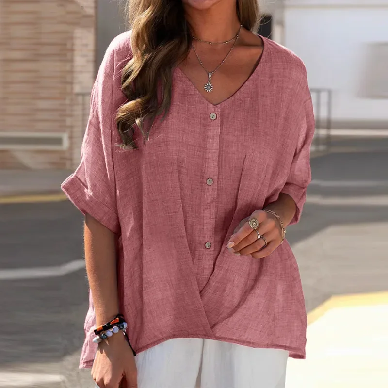 Women Cotton Linen V Neck Pullover Blouses Tops Summer Casual Button Short Sleeve Loose Lady Tops Female Solid Color Shirt Cloth