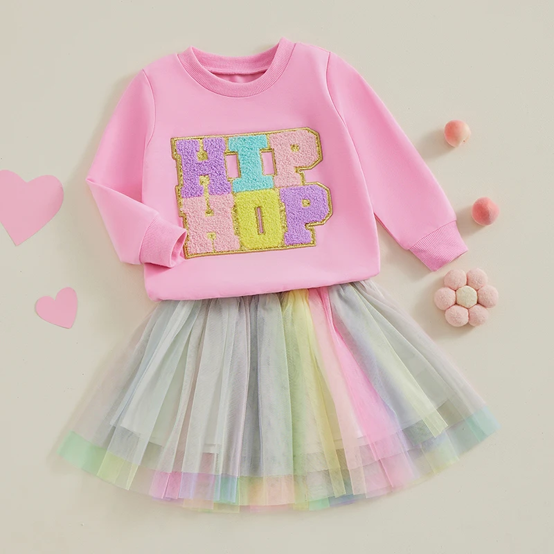 1-6Y Ragazze del bambino 2 pezzi Primavera Autunno Abiti Manica lunga Lettera Ricamo Felpa Top Tulle Maglia Gonna Set Set Vestiti per bambini Set