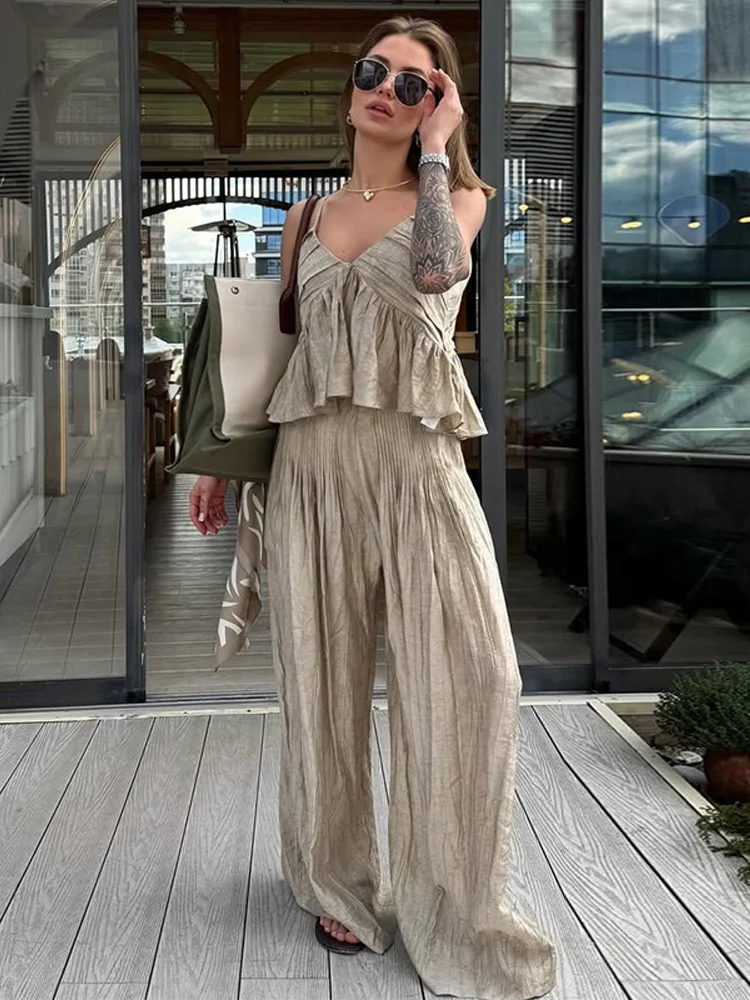 

Sexy Ruffles Sling Vest Pants Sets Women V-neck Sleeveless Backless Crop Tops Wide Leg Pants 2025 Summer Lady Holiday Outfits