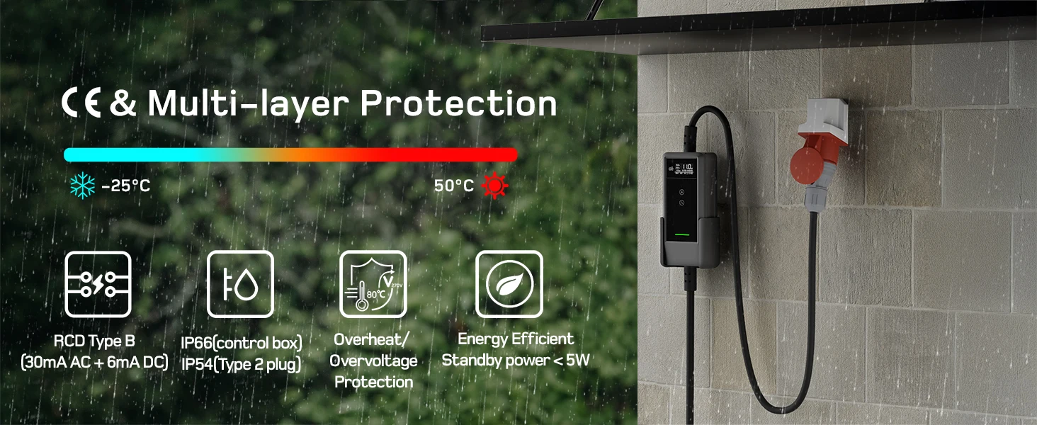 dé Mobile Wallbox 11kW Typ 2 APP 16A 3-Phasen 5,5m 7m 10m 15m 20m 25m Ladekabel Elektrofahrzeug-Ladegerät CEE-Stecker auf Typ 2 mit Einstellbarem Strom EV-Ladegerät RCD Typ A 30mA (AC) + 6mA (DC) – Detail 15