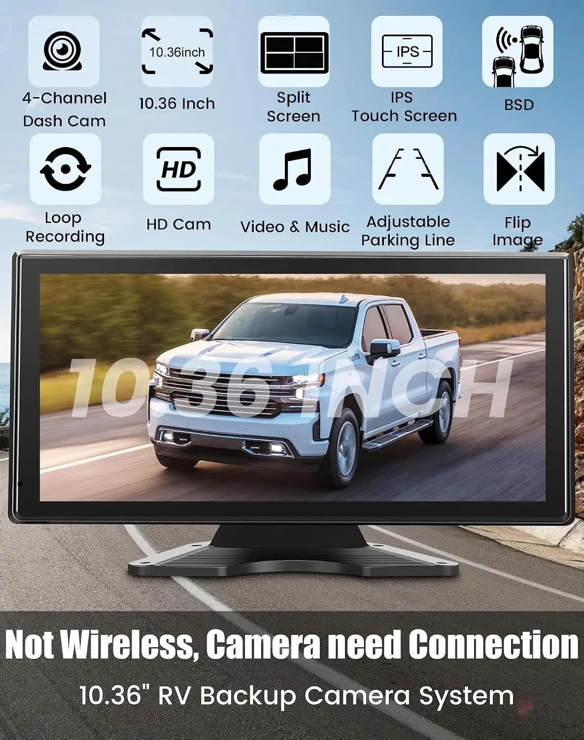 5 Channel Wired Backup Camera System 10.36'' Touchscreen DVR BSD Loop Recording 1080P Waterproof Cams for Truck RV Semi Trailer