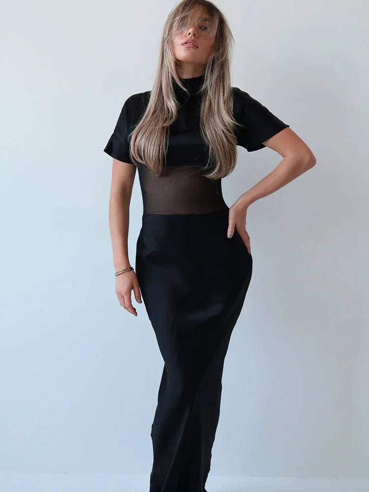 Sukienka maxi Oniflyme z siateczki i satyny, damska, seksowna, z golfem, krótkim rękawem, obcisła, elegancka sukienka na imprezę, vestido