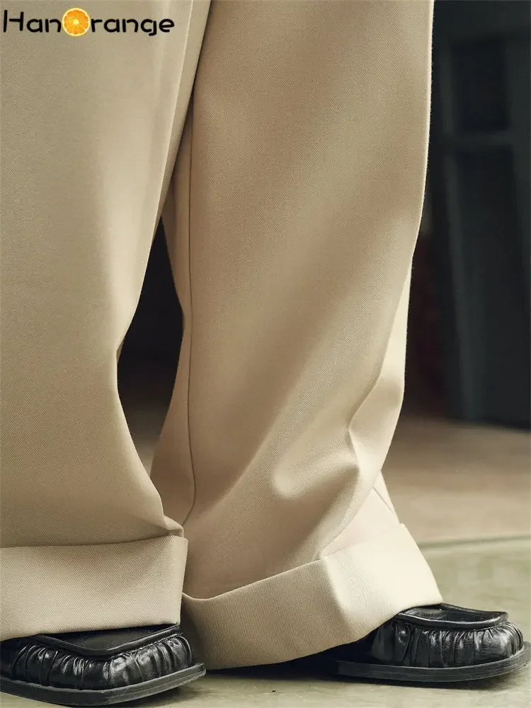 HanOrange 2026 Spring Simple High Waist Wide Leg Pants Women Loose Casual Trousers Female Black/Light Khaki