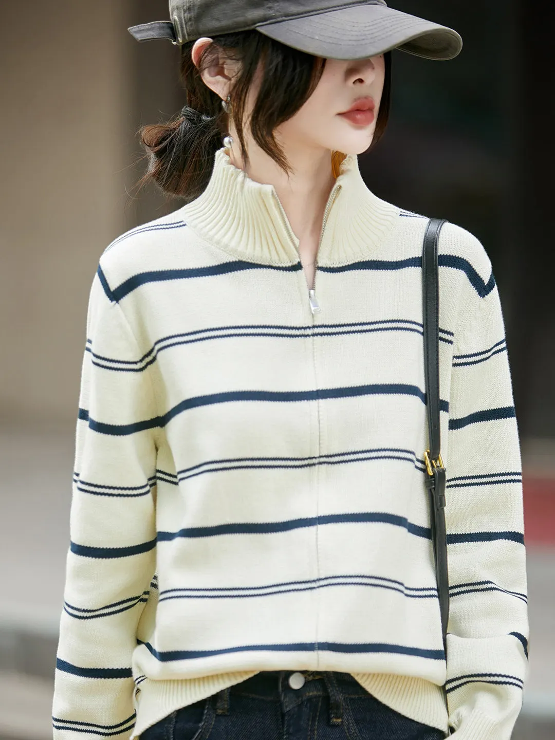 College Style Contrast Color Stripe Loose Thickened Knitted Open Cardigan Women's Fashion Slimming Pure Cotton Sweater Anti-A...