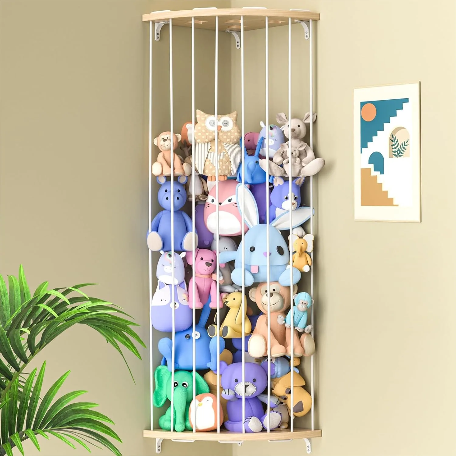 

Corner Stuffed Animal Storage with Star Pattern, Adjustable Length Wood Plush Toy Organizer for Nursery Bedroom