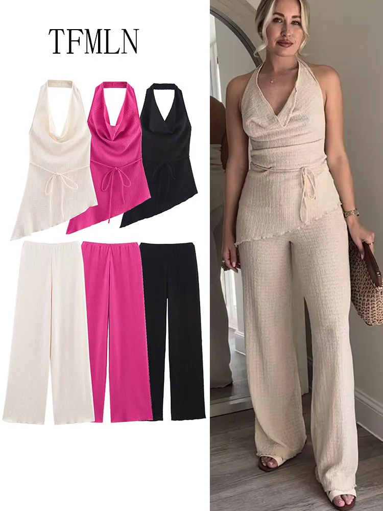 

TFMLN 2025 Women Causal Halter Top Pant Sets Summer Fashion Asymmetrical Backless Camis Top Elastic Waist Straight Pant Outfits