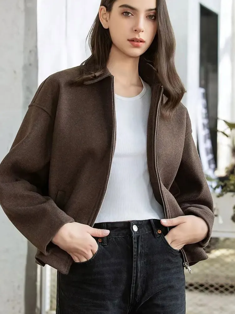 

Fashion Brown Zipper Woolen Jacket For Women Elegant Lapel Long Sleeve Short Coats Vintage Autumn Lady Street Outerwear