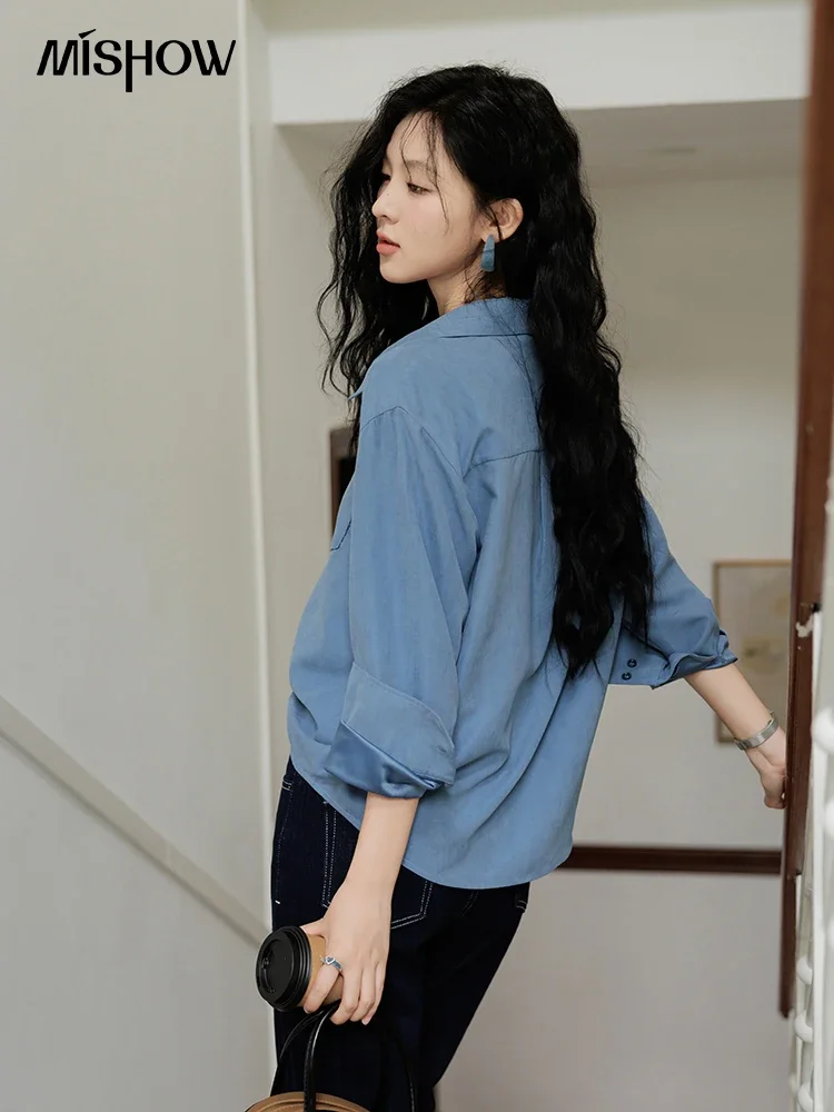 MISHOW Women Blue Long Sleeve Shirt French Lapel Shirts 2024 Spring Autumn Korean Commuter Slim Blouse Casual Tops MXD44C0323