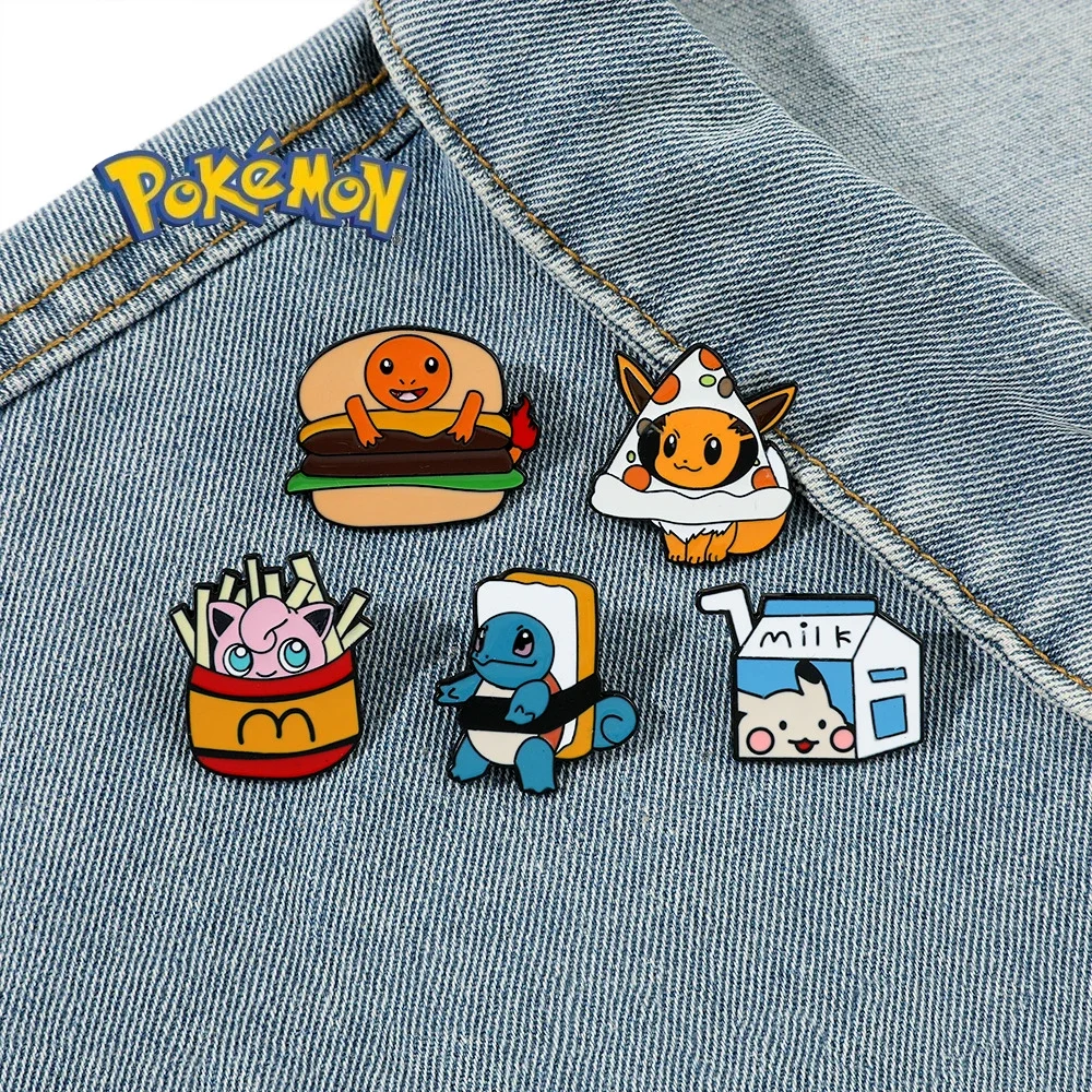 Pokemon Creative Cartoon Food Styling Brooch Anime Characters Bread Squirtle Cheese Eevee Cute Metal Badge Pins Accessories