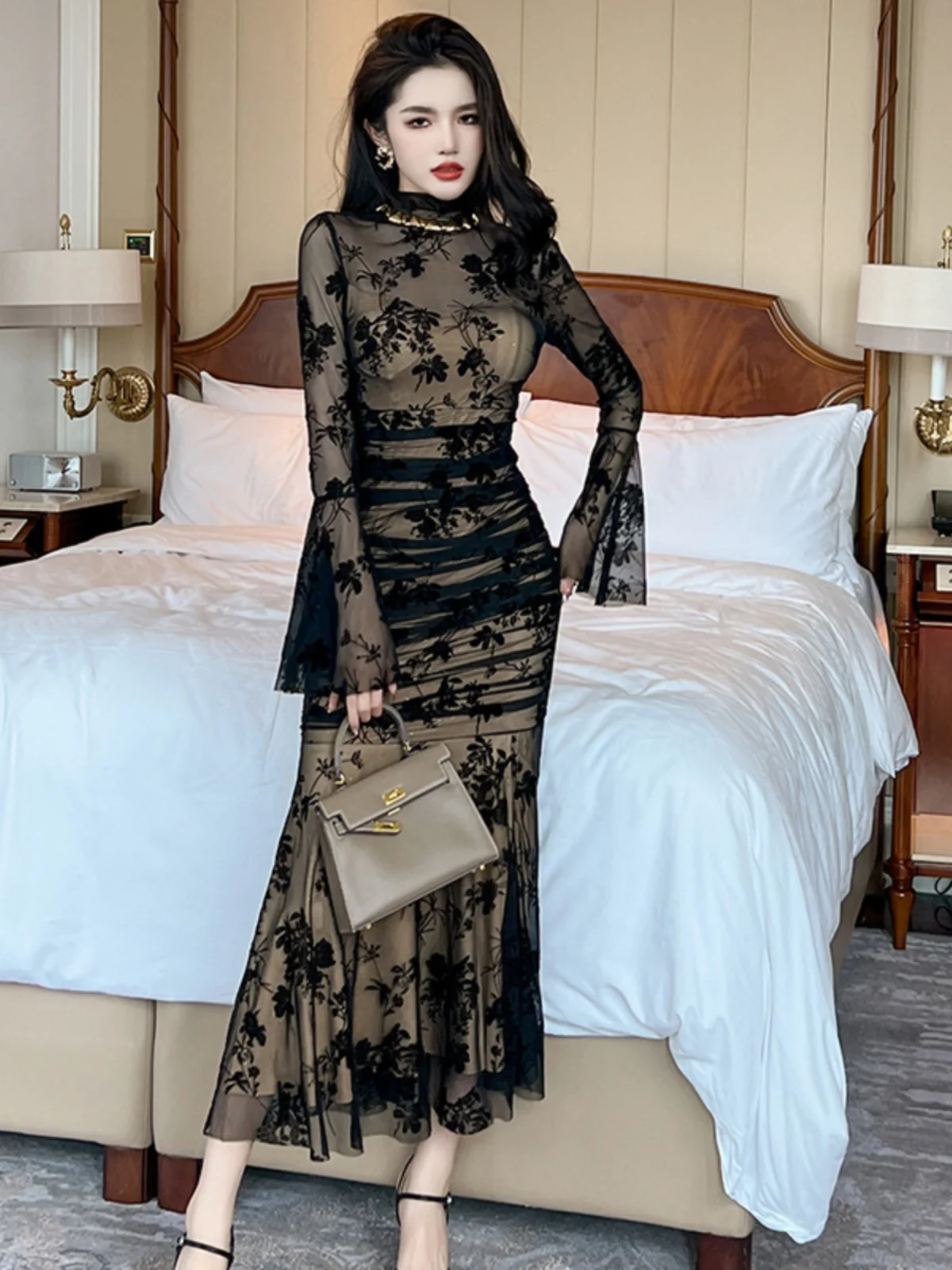 Vestido Largo de Gasa con Cintura Alta y Cola de Sirena, Cierre de Cremallera, Silueta en Forma de H, Estampado Floral...