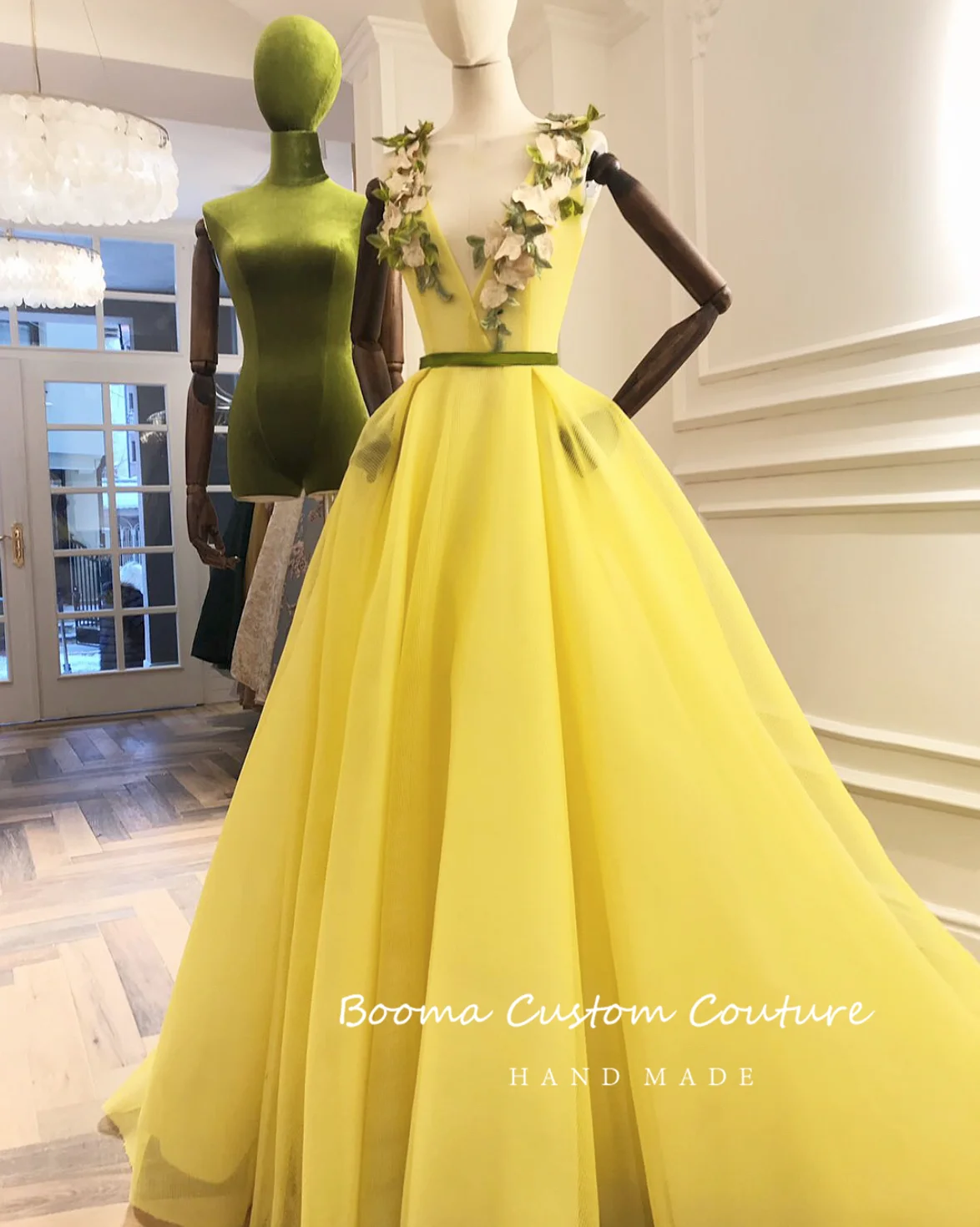 Booma – robe de soirée longue jaune, décolleté en v profond, ligne a, sans manches, avec des applications 3D, filet en Tulle, robes de fête formelles