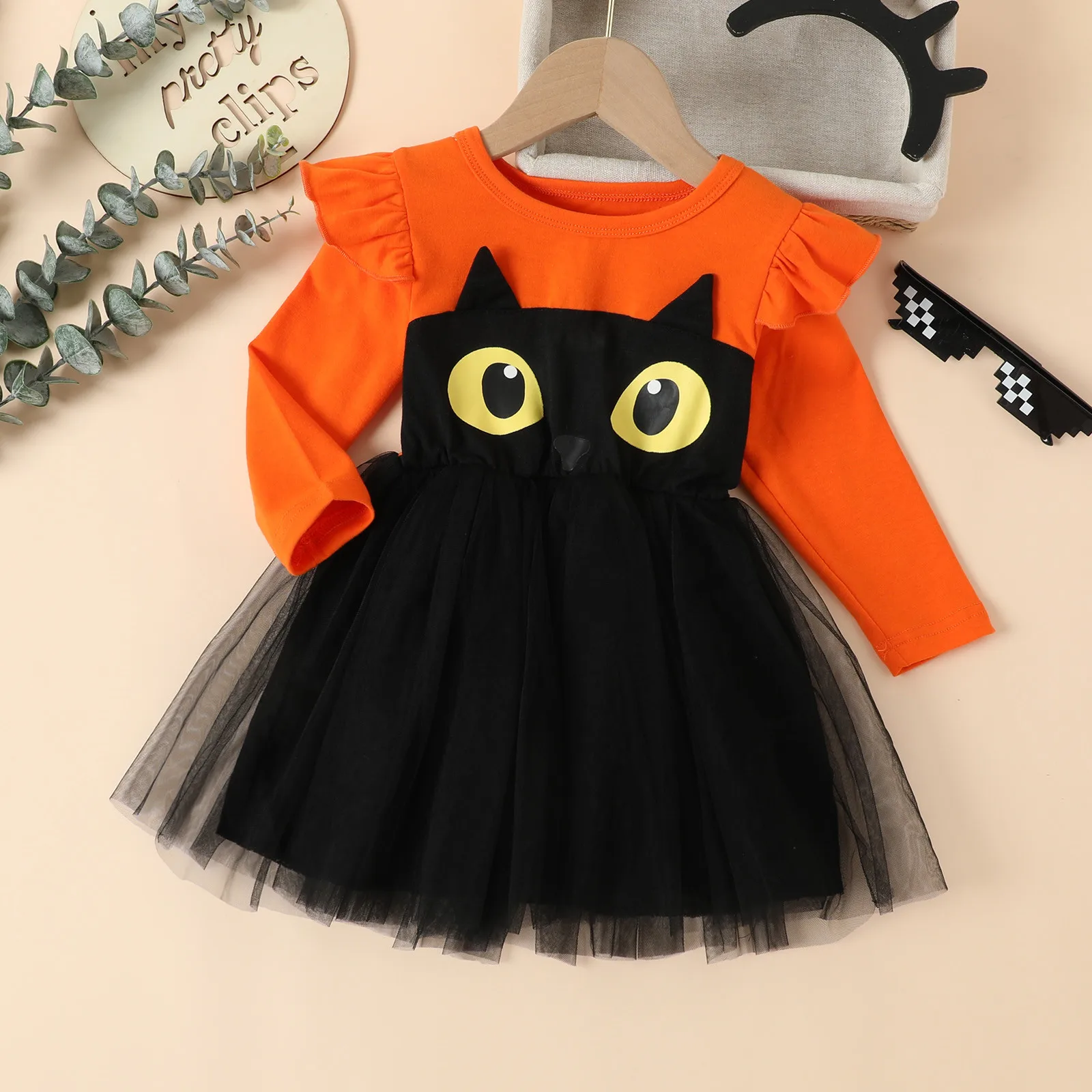 Toddler Kids Girls Infant Long Sleeve Cartoon Halloween Prints Mesh Tulle Princess Dress Costume for Children Girls Birthday