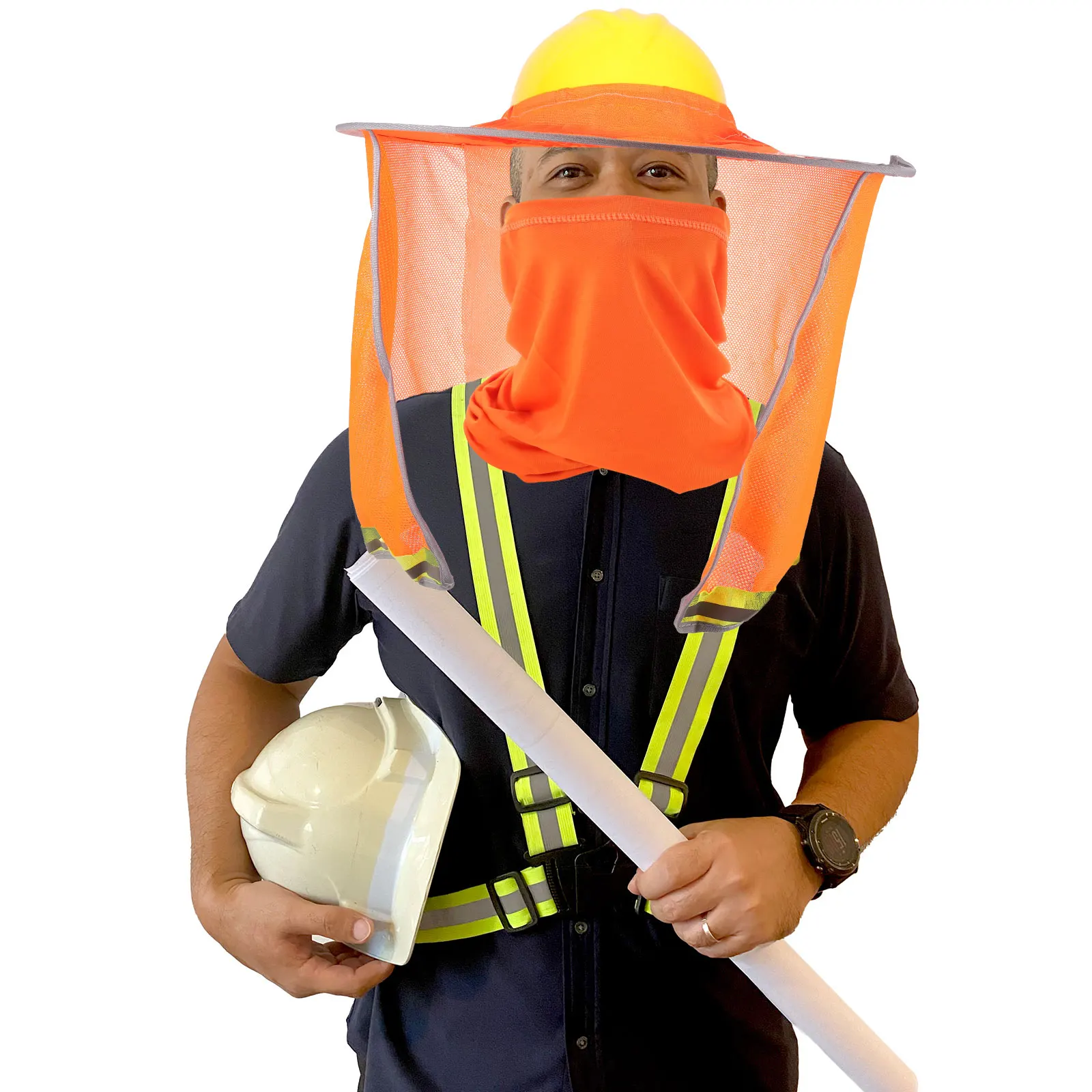 

Summer Sun Protection Hard Hat Visor Full Brim Mesh Curtain Elastic Band Neck Cover Yellow Cooling Construction Outdoor