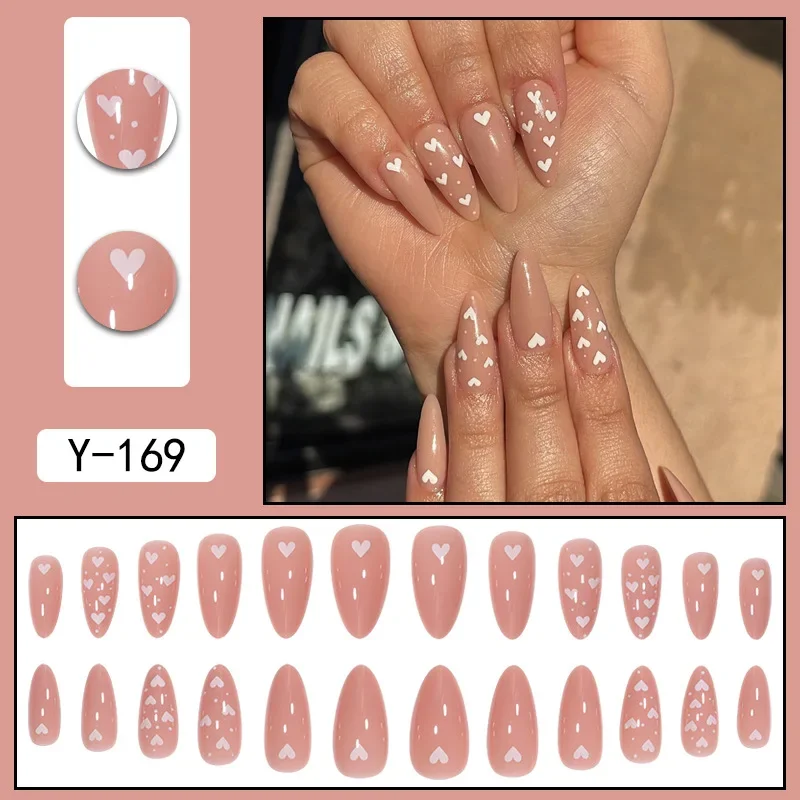 

24Pcs/Set Simple Love Spot French Fake Nails Removable Full Coverage Wearing False Nails Almonds Handmade Press on Nails Tips