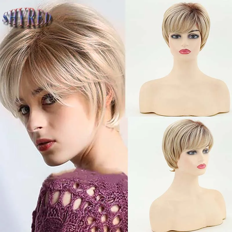 

Short Pixie Cut Blonde Synthetic Wigs with Bangs Straigth Hair Wigs for Women Daily Cosplay Wig Heat Resistant Fiber