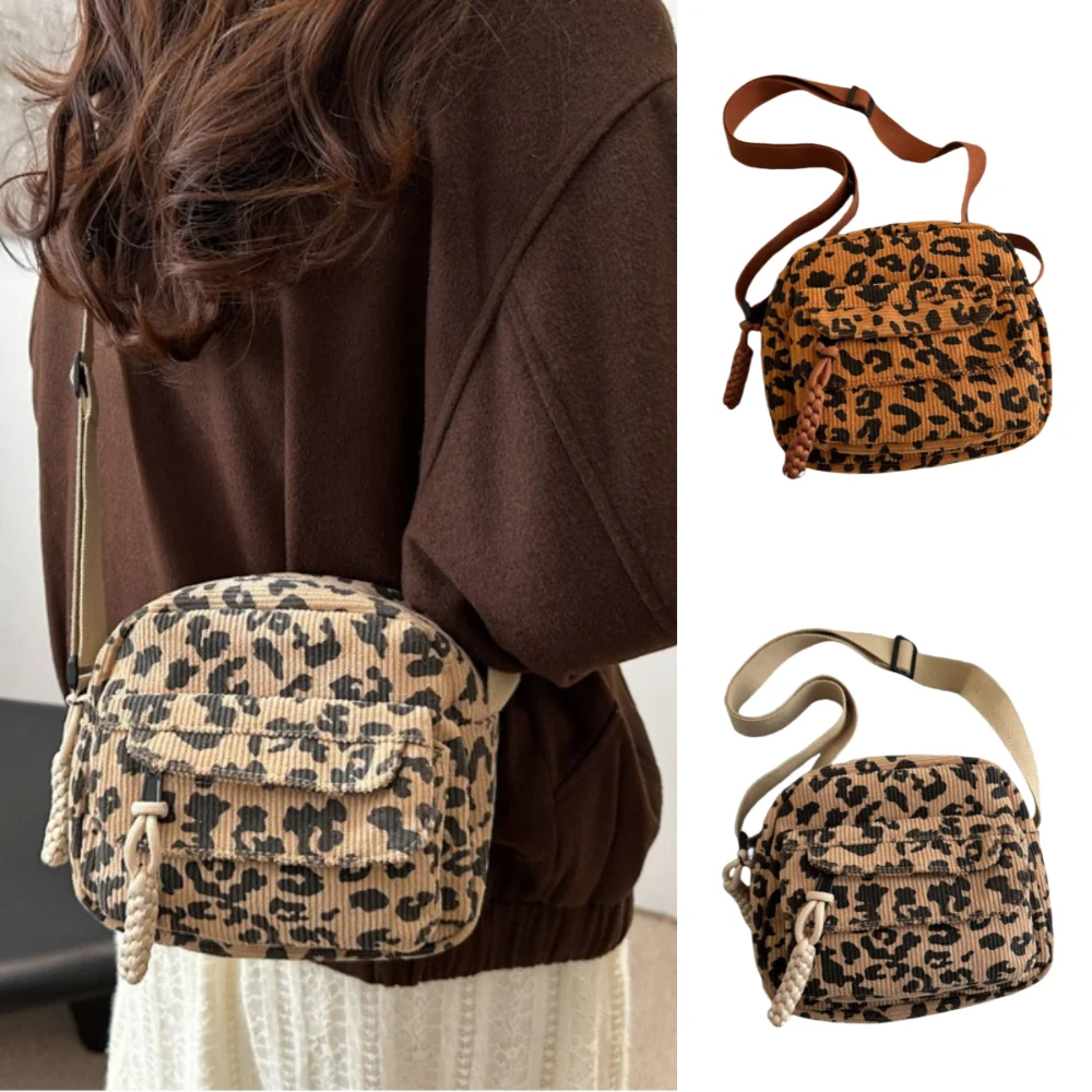Leopard Pattern Crossbody Bags Adjustable Shoulder Strap Multi-pockets Shoulder Bag Corduroy Casual Waist Bags for Women Girls
