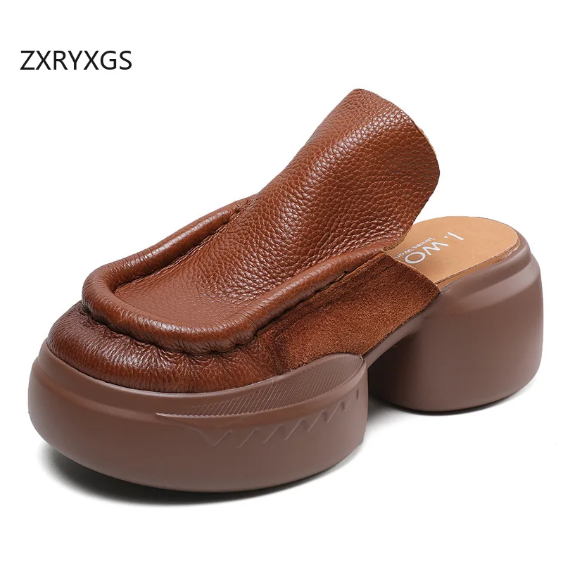 ZXRYXGS Retro Style Women Genuine Leather Slippers Outside Shoes Platform High Heel Sandals Height Increase Slippers Summer 2025