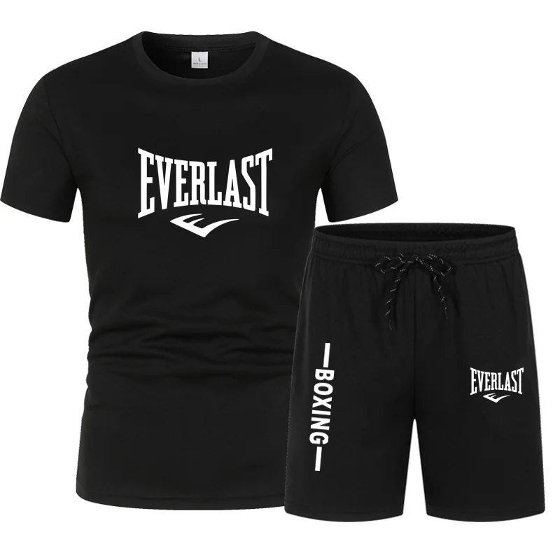 Summer T shirt Set For Men EVERLAST Print Men\'s T-shirt Short Sleeve+Shorts 2-Piece Set Oversized Casual Beach Sport Man Suit