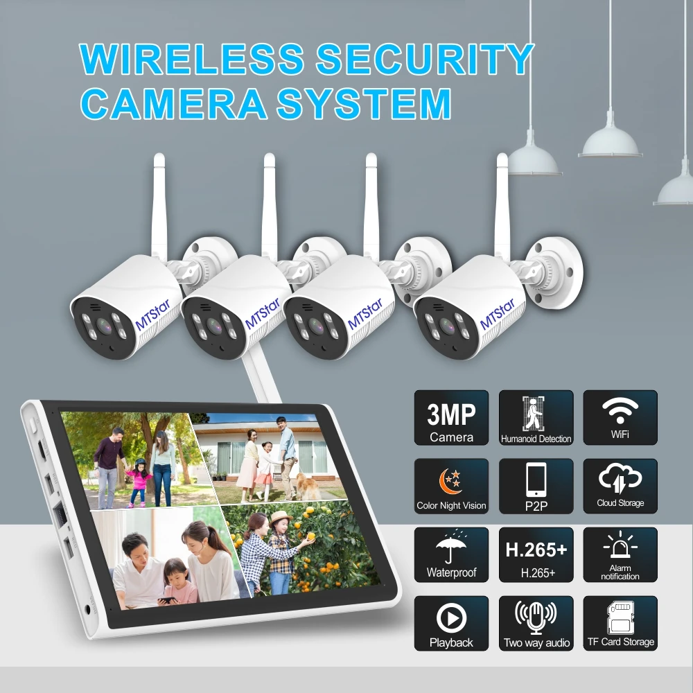 

4CH 2MP/3MP Wireless Security Cameras Kit Outdoor Waterproof IP Camera Surveillance CCTV System Set with 10.1" Monitor NVR