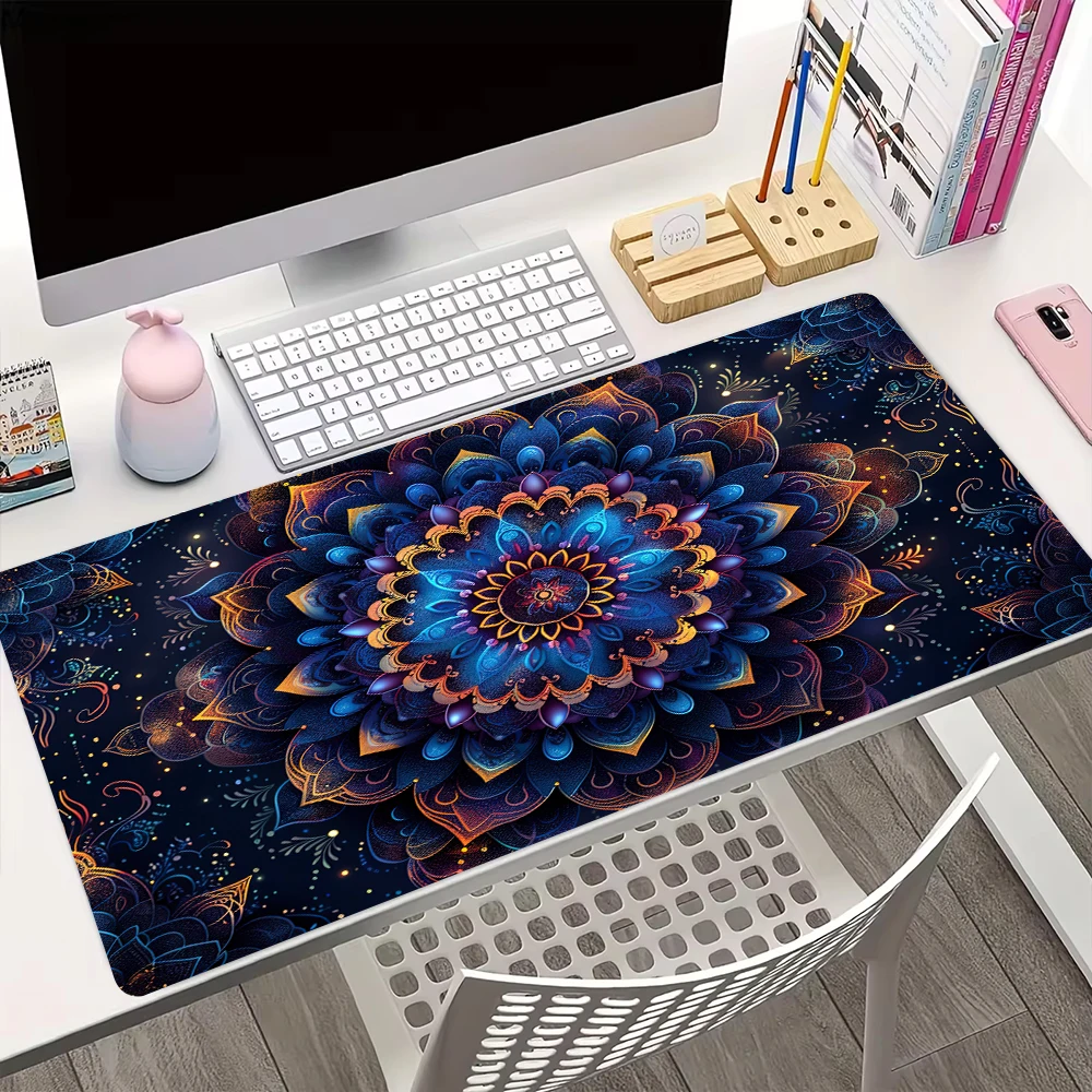 

Яркий коврик для мыши с мандалой и цветочным узором XXL, абстрактный дизайн, HD, нескользящая резиновая основа, 900x400 мм, длинный настольный коврик для офиса и игр, 1 шт.