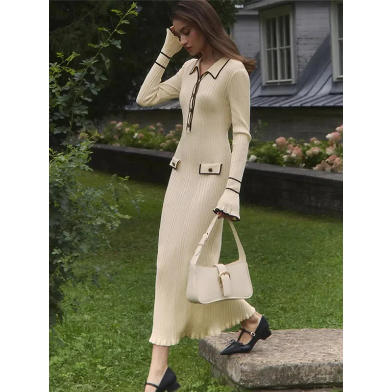 Elegant Ruffled Knit Women Dress 2024 Autumn Ribbed Contrast Long Sleeve Hip Package Lapel Slim Dress Female Ladies Maxi Dress